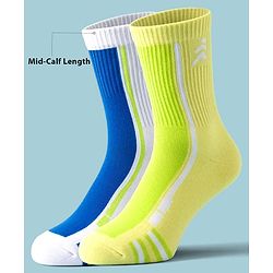 Pine Active Cotton Lycra Knit Terry Breathable Calf Length Athletic Socks Pack of 2 - White & Yellow