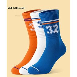 Pine Active Cotton Lycra Knit Terry Breathable Calf Length Athletic Socks with Number Design Pack of 3 - Orange White & Blue