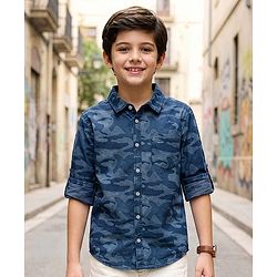 Pine Kids Denim Woven Full Sleeves Shirt with Camouflage Design - Blue