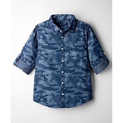 Pine Kids Denim Woven Full Sleeves Shirt with Camouflage Design - Blue