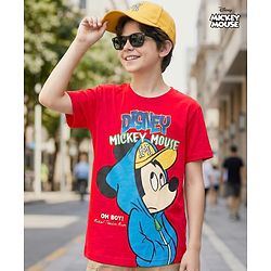 Pine Kids Disney Single Jersey Knit Drop Shoulder Half Sleeves Oversized T-Shirt With Mickey Mouse Graphics - Red