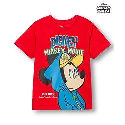 Pine Kids Disney Single Jersey Knit Drop Shoulder Half Sleeves Oversized T-Shirt With Mickey Mouse Graphics - Red