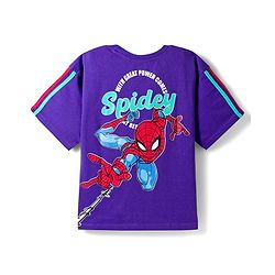 Pine Kids Marvel Terry Knit Drop Shoulder Half Sleeves T-Shirt with Front & Back Spiderman Graphics - Purple