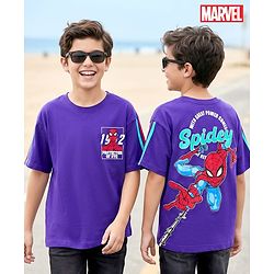 Pine Kids Marvel Terry Knit Drop Shoulder Half Sleeves T-Shirt with Front & Back Spiderman Graphics - Purple