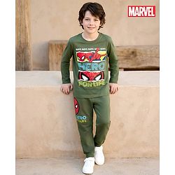 Pine Kids Marvel Single Jersey Knit Full Sleeves T-Shirt & Track Pant With Spider Man Print - Green