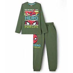 Pine Kids Marvel Single Jersey Knit Full Sleeves T-Shirt & Track Pant With Spider Man Print - Green