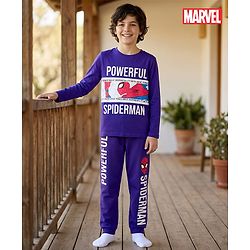 Pine Kids Marvel Single Jersey Knit Full Sleeves T-Shirt & Lounge Pant Set with Spider Man Graphic - Purple