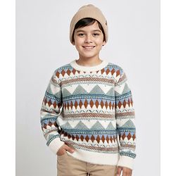 Pine Kids Knit Full Sleeves Pullover Sweater With Ethnic Print - White