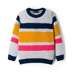 Pine Kids Knit Full Sleeves  Pullover Sweater with Stripes Design - White