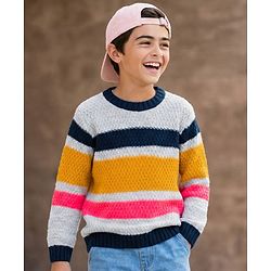 Pine Kids Knit Full Sleeves  Pullover Sweater with Stripes Design - White