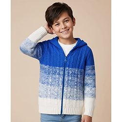 Pine Kids Knit Full Sleeves  Front Open Hooded Sweater with Ombre Effect - Blue