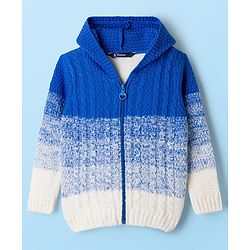 Pine Kids Knit Full Sleeves  Front Open Hooded Sweater with Ombre Effect - Blue