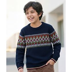 Pine Kids Knit Full Sleeves  Pullover Sweater with Zig Zag Design - Navy Blue