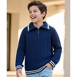 Pine Kids Knit Full Sleeves Pullover Sweater with Cable Knit Design - Navy Blue