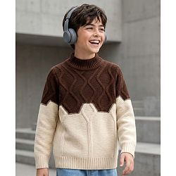 Pine Kids Knit Full Sleeves Pullover Sweater with Color Block & Cable Knit Design - Brown