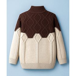 Pine Kids Knit Full Sleeves Pullover Sweater with Color Block & Cable Knit Design - Brown