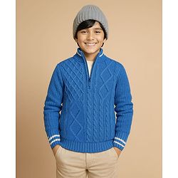 Pine Kids Knit Full Sleeves Pullover Sweater with Cable Knit Design -Blue
