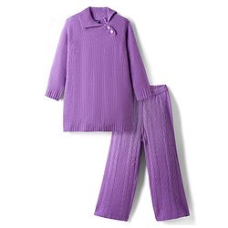 Pine Kids Knit Full Raglan Sleeves Sweater Set with Cable Knit Design - Purple