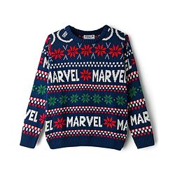 Pine Kids Marvel Woven Full Sleeves Pullover Sweater With Marvel Print - Navy Blue