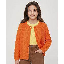 Pine Kids Knit Full Sleeves Front Open Sweater With Inner Tee & Cable Knit Design - Orange