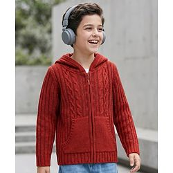 Pine Kids Knit Full Sleeves Front Open Hooded Sweater with Cable Knit Design & Kangaroo Pocket - Rust Orange