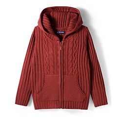 Pine Kids Knit Full Sleeves Front Open Hooded Sweater with Cable Knit Design & Kangaroo Pocket - Rust Orange