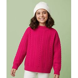 Pine Kids Knit Full Sleeves Pullover Sweater with Cable Knit Design - Dark Pink