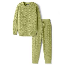 Pine Kids Knitted Full Sleeves Sweater Set With Cable Knit Design - Green