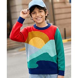 Pine Kids Knit Full Sleeves Pullover Sweater with Abstract Design - Multicolor
