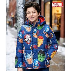 Pine Kids Marvel Woven Full Sleeves Winter Jacket With Avengers Print & Detachable Hood - Navy Blue