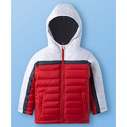 Pine Kids Woven Full Sleeves Font Open Color Block Padded Hooded Jacket  & Pocket - Red & White