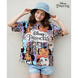 Pine Kids Disney Single Jersey Knit Oversized Drop Shoulder Half Sleeves T-Shirt with Disney Princess Graphics - Light Blue