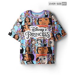 Pine Kids Disney Single Jersey Knit Oversized Drop Shoulder Half Sleeves T-Shirt with Disney Princess Graphics - Light Blue