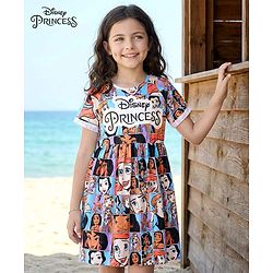 Pine Kids Disney Single Jersey Knit Half Sleeves Frock with Disney Princess Print - Light Blue
