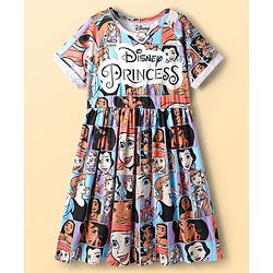 Pine Kids Disney Single Jersey Knit Half Sleeves Frock with Disney Princess Print - Light Blue