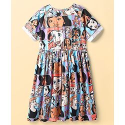 Pine Kids Disney Single Jersey Knit Half Sleeves Frock with Disney Princess Print - Light Blue