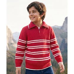 Pine Kids Knit Full Sleeves Pullover Sweater with Stripes - Red