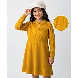 Pine Kids Knit Full Sleeves Woolen Dress with Cable Knit Design - Mustard