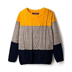Pine Kids Knit Full Sleeves Pullover Sweater with Color Block & Cable Knit Design - Yellow Grey & Black