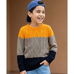 Pine Kids Knit Full Sleeves Pullover Sweater with Color Block & Cable Knit Design - Yellow Grey & Black