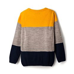 Pine Kids Knit Full Sleeves Pullover Sweater with Color Block & Cable Knit Design - Yellow Grey & Black