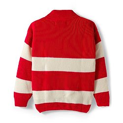 Pine Kids Knit Full Sleeves Pullover Turtle Neck Sweater with Stripe Design - Red & White