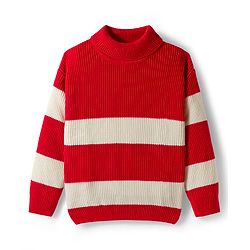 Pine Kids Knit Full Sleeves Pullover Turtle Neck Sweater with Stripe Design - Red & White