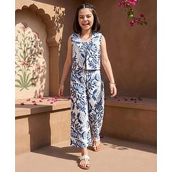 Pine Kids Sleeveless Floral Printed Indo Western Set - Blue
