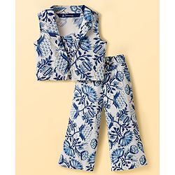 Pine Kids Sleeveless Floral Printed Indo Western Set - Blue