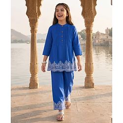 Pine Kids Cotton Woven Full Sleeves Pintuck & Embroidered Detailing Top & Pant Set - Blue