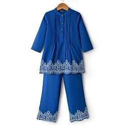 Pine Kids Cotton Woven Full Sleeves Pintuck & Embroidered Detailing Top & Pant Set - Blue
