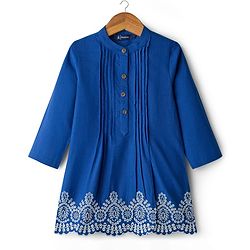 Pine Kids Cotton Woven Full Sleeves Pintuck & Embroidered Detailing Top & Pant Set - Blue