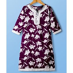 Pine Kids Cotton Woven Three Fourth Sleeves Floral Printed Kurta Chudidar Set with Dupatta - Purple