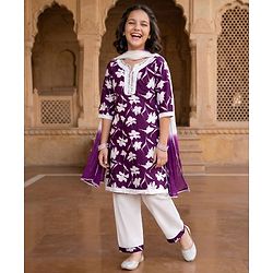 Pine Kids Cotton Woven Three Fourth Sleeves Floral Printed Kurta Chudidar Set with Dupatta - Purple
